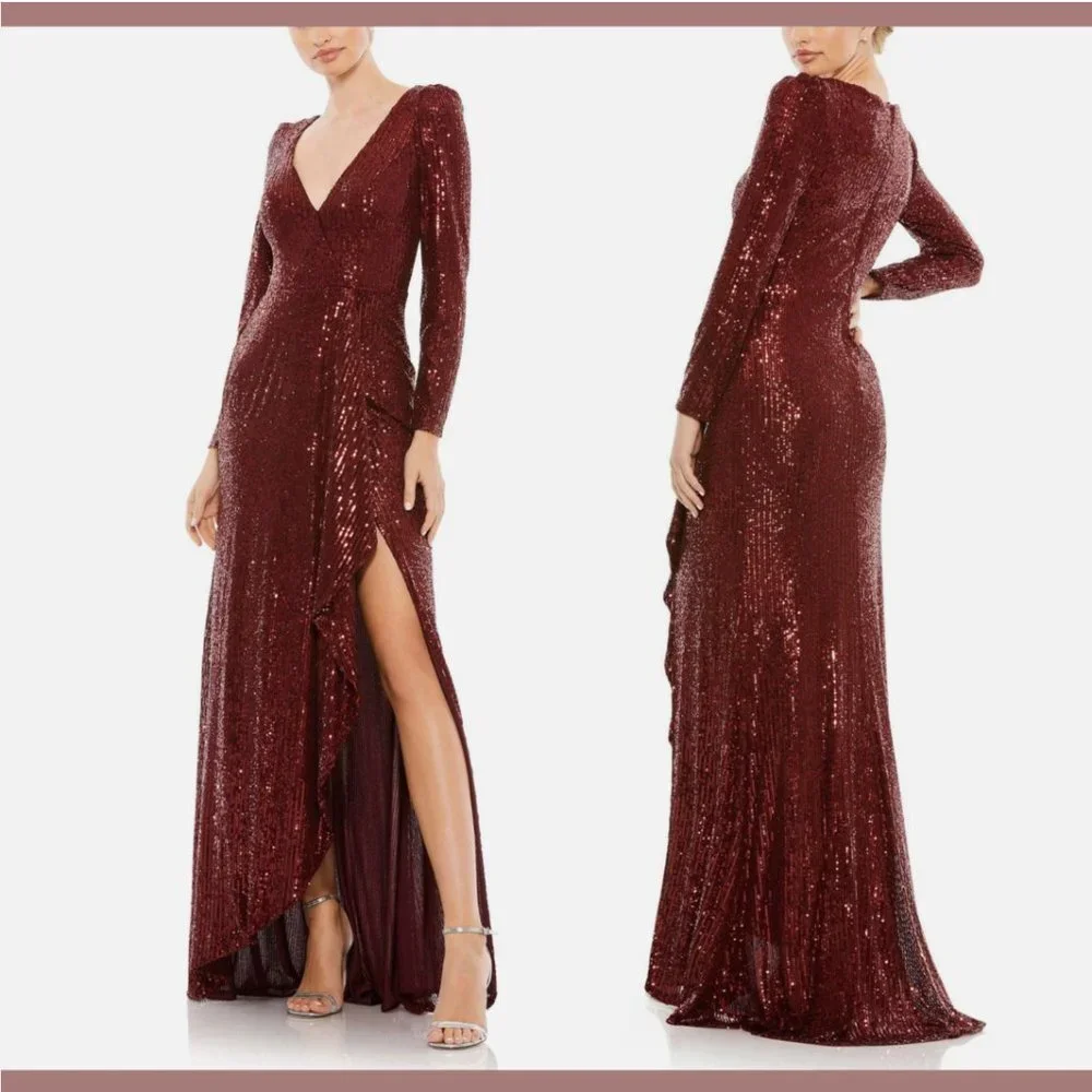 NEW $398 IEENA Mac‎ Duggal [ 16 ] Sequin Wrap Evening Gown in Wine Red #Q480